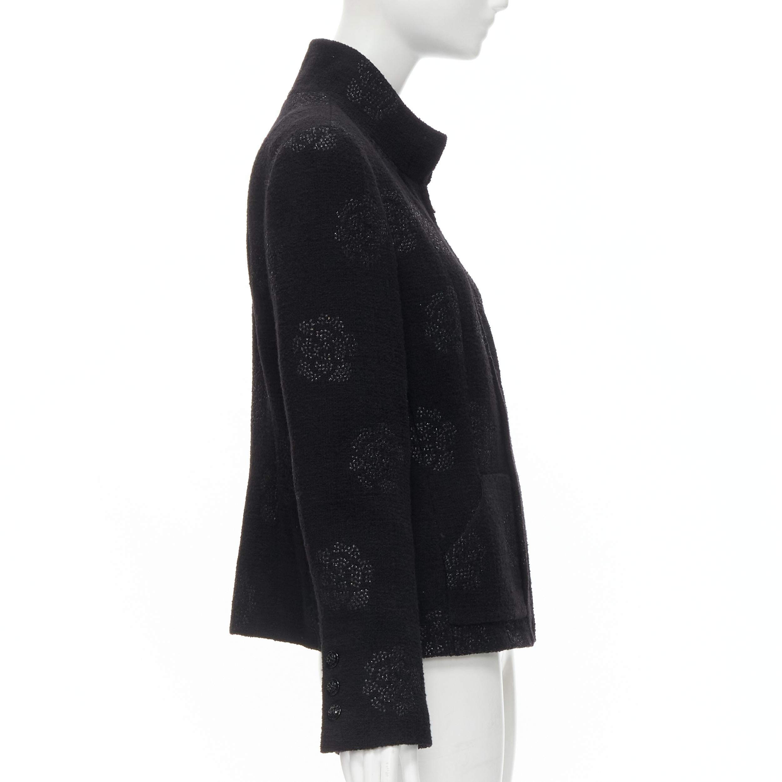CHANEL 03C black iridscent Camellia motif stand collar boucle tweed jacket FR44  In Excellent Condition In Hong Kong, NT