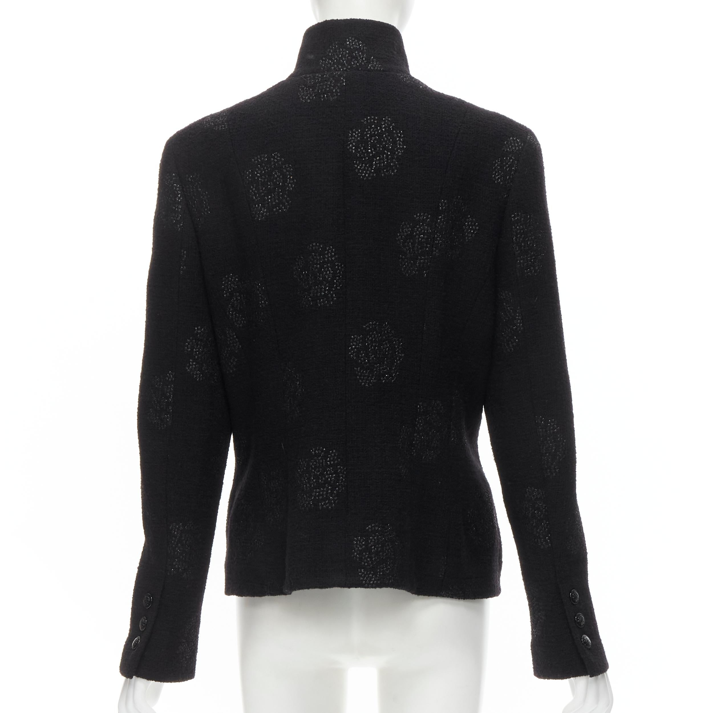 Women's CHANEL 03C black iridscent Camellia motif stand collar boucle tweed jacket FR44 