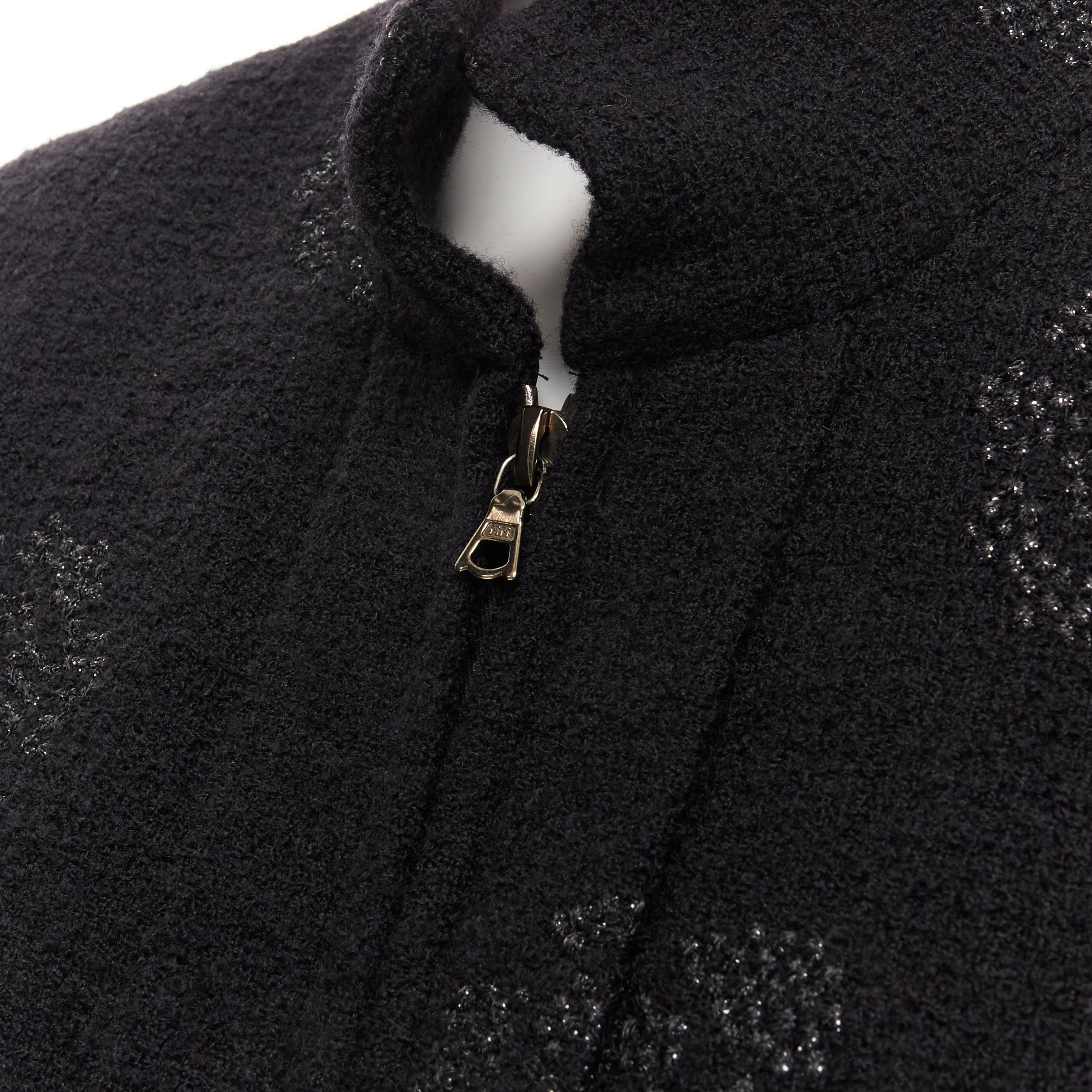 CHANEL 03C black iridscent Camellia motif stand collar boucle tweed jacket FR44  1