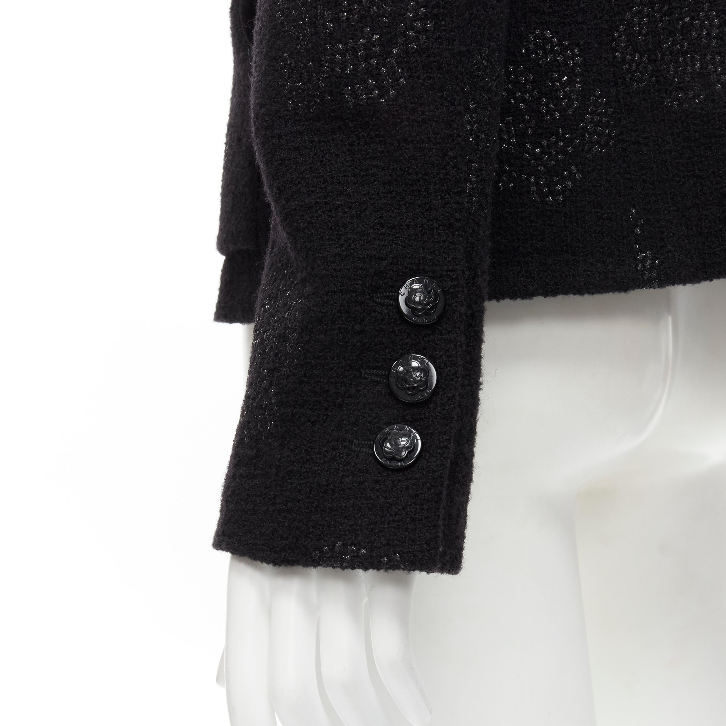CHANEL 03C black iridscent Camellia motif stand collar boucle tweed jacket FR44  3