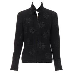 CHANEL 03C black iridscent Camellia motif stand collar boucle tweed jacket FR44