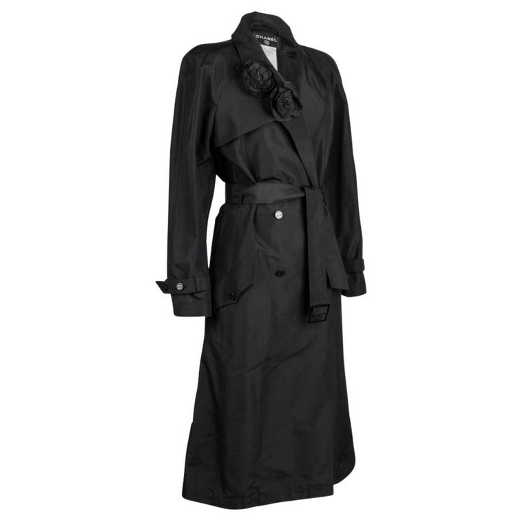 Chanel 03C Trench Coat Silk Two Camellia Pins 42 / 8 For Sale at 1stDibs