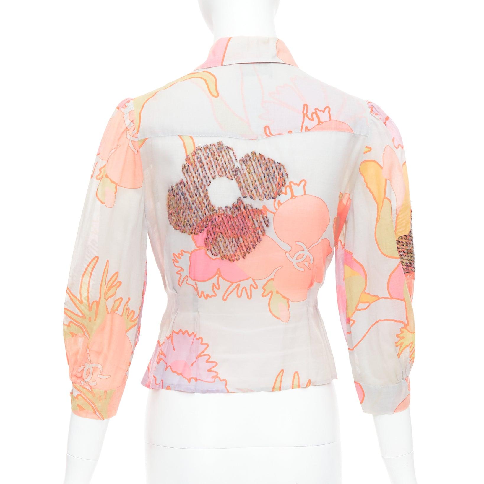 Donna Chanel 03P camicetta crop in cotone con stampa floreale e ricamo, FR36 S in vendita