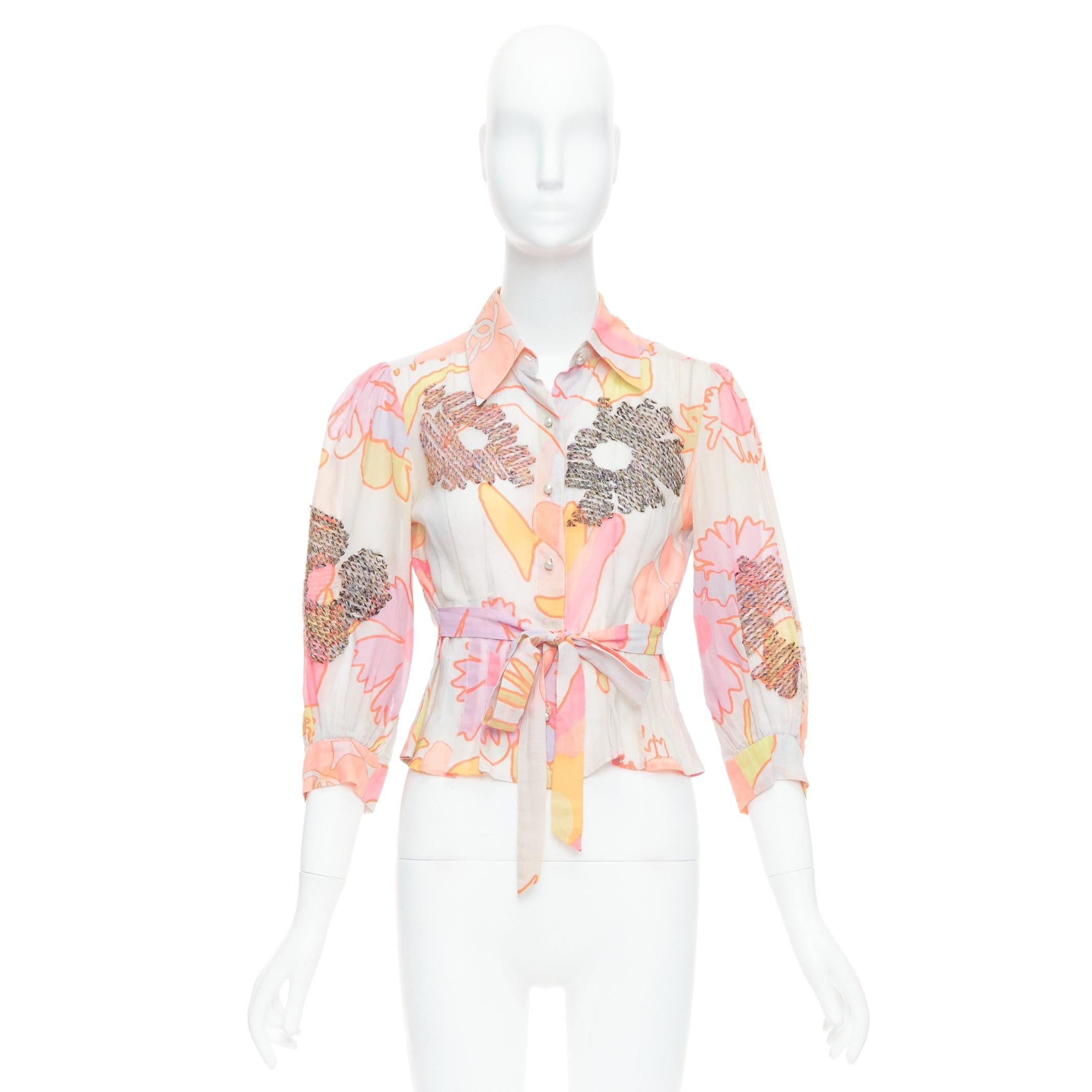Chanel 03P camicetta crop in cotone con stampa floreale e ricamo, FR36 S in vendita 4