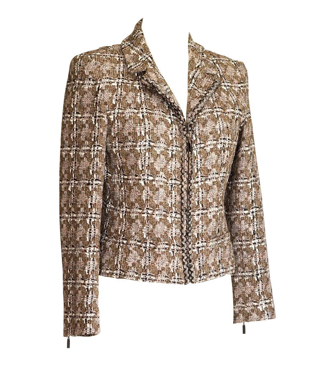 Brown Chanel 03P Skirt Suit Taupe Tweed Zipper Front 40 / 8 New