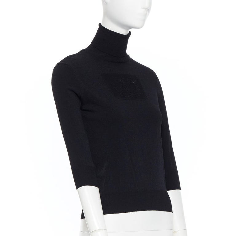 CHANEL 03P viscose knit CC logo front turtleneck 3/4 sleeve sweater top  FR40 M at 1stDibs