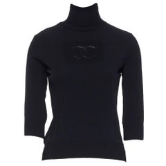 CHANEL 03P viscose knit CC logo front turtleneck 3/4 sleeve sweater top FR40 M