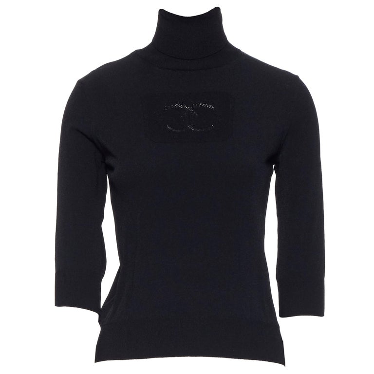 CHANEL 03P viscose knit CC logo front turtleneck 3/4 sleeve sweater top  FR40 M