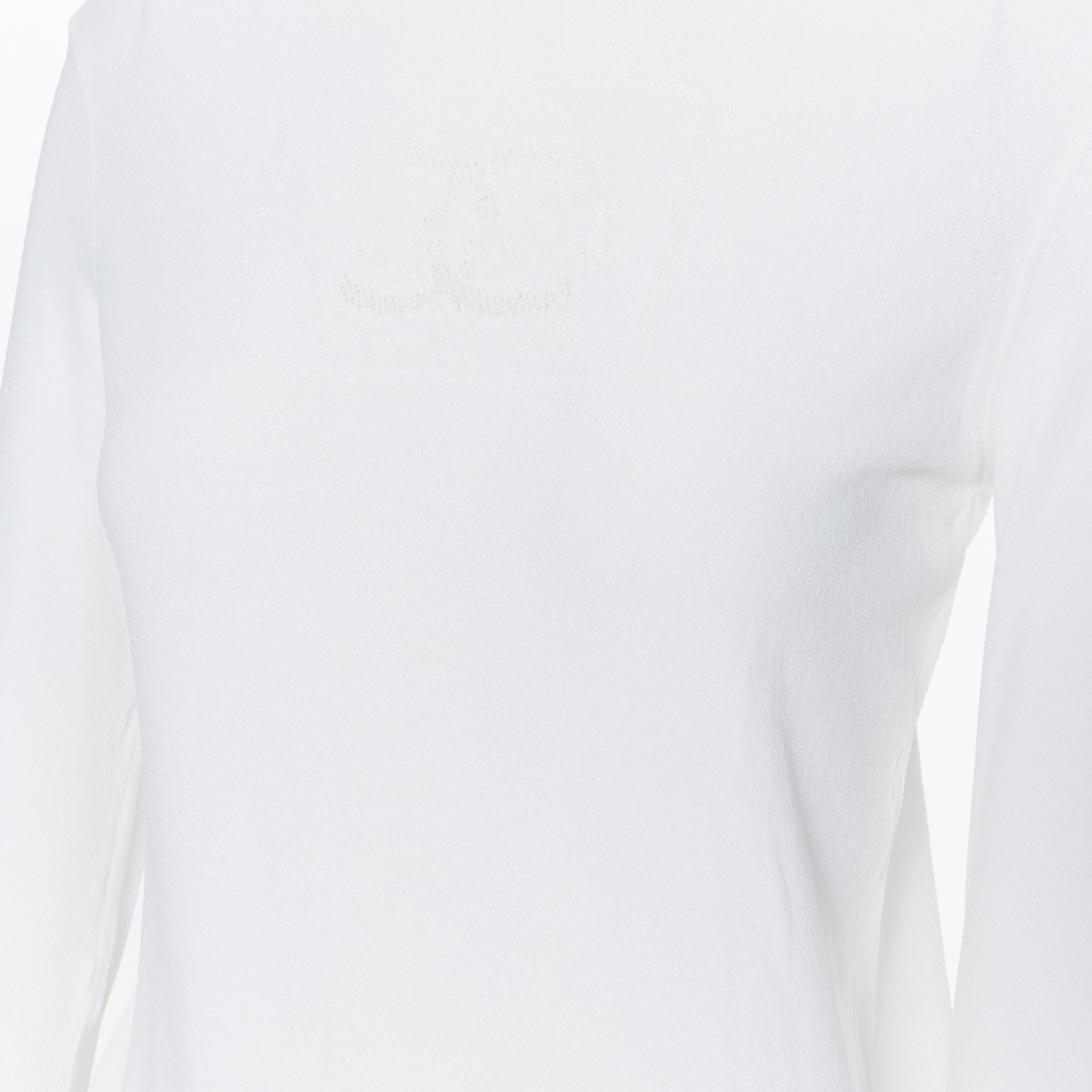 CHANEL 03P viscose knit CC logo front turtleneck 3/4 sleeve sweater top FR42 L
Brand: Chanel
Designer: Karl Lagerfeld
Model Name / Style: Turtleneck top
Material: Viscose, polyester
Color: White
Pattern: Solid
Extra Detail: 3/4 Sleeve. Turtleneck