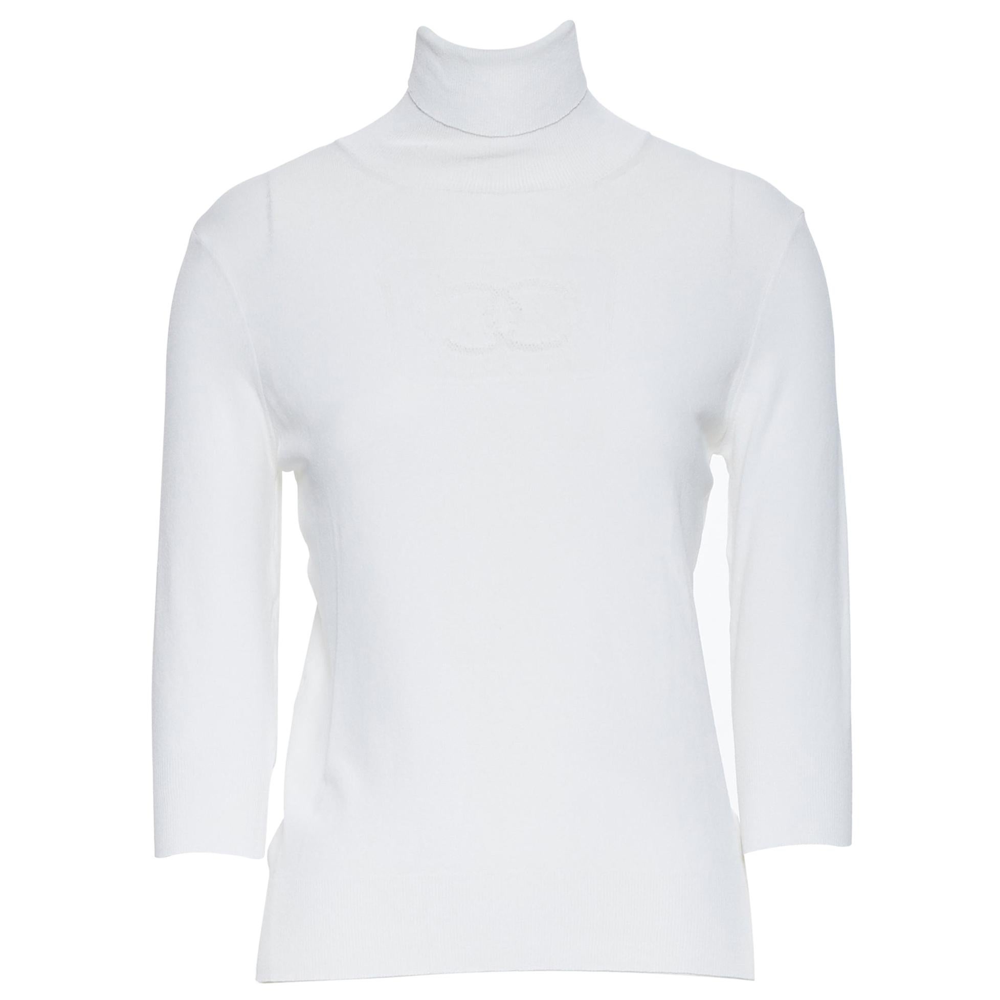 CHANEL 03P viscose knit CC logo front turtleneck 3/4 sleeve sweater top  FR42 L at 1stDibs