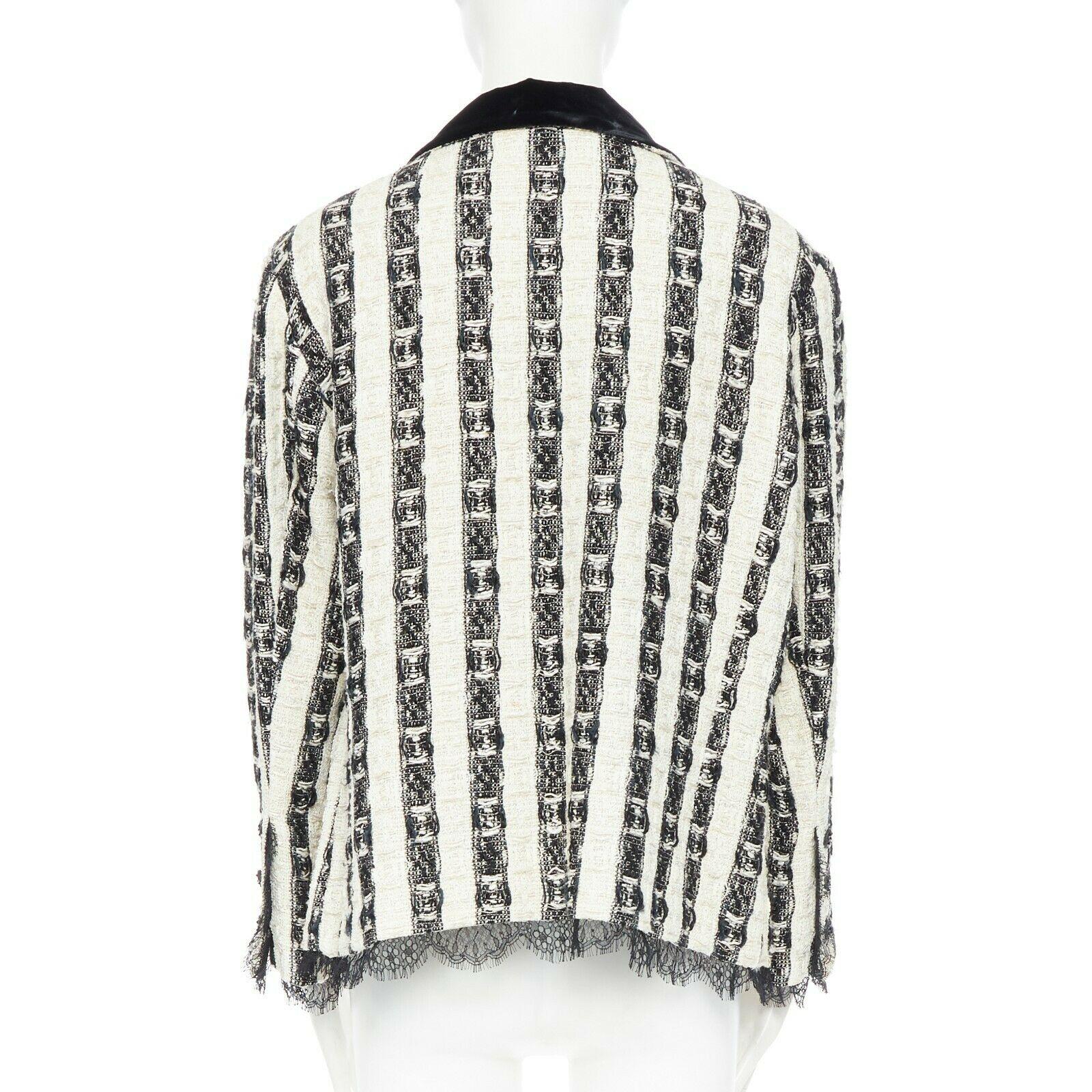 Gray CHANEL 04A black white stripe lesage tweed scallop lace lined jacket FR48