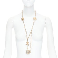 CHANEL 04A gold tone CC logo pearl globe charm chain belt necklace
