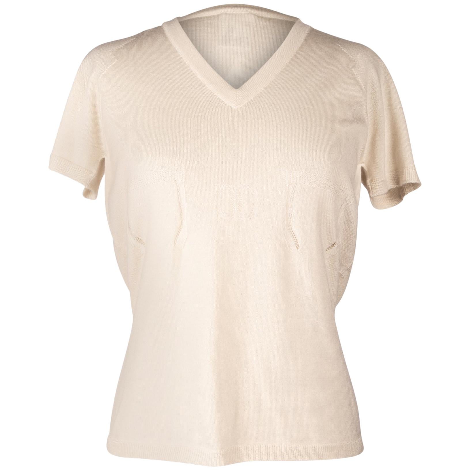 Chanel 04C Top aus elfenbeinfarbenem, federleichtem Kaschmir mit dezenten Strickdetails 44