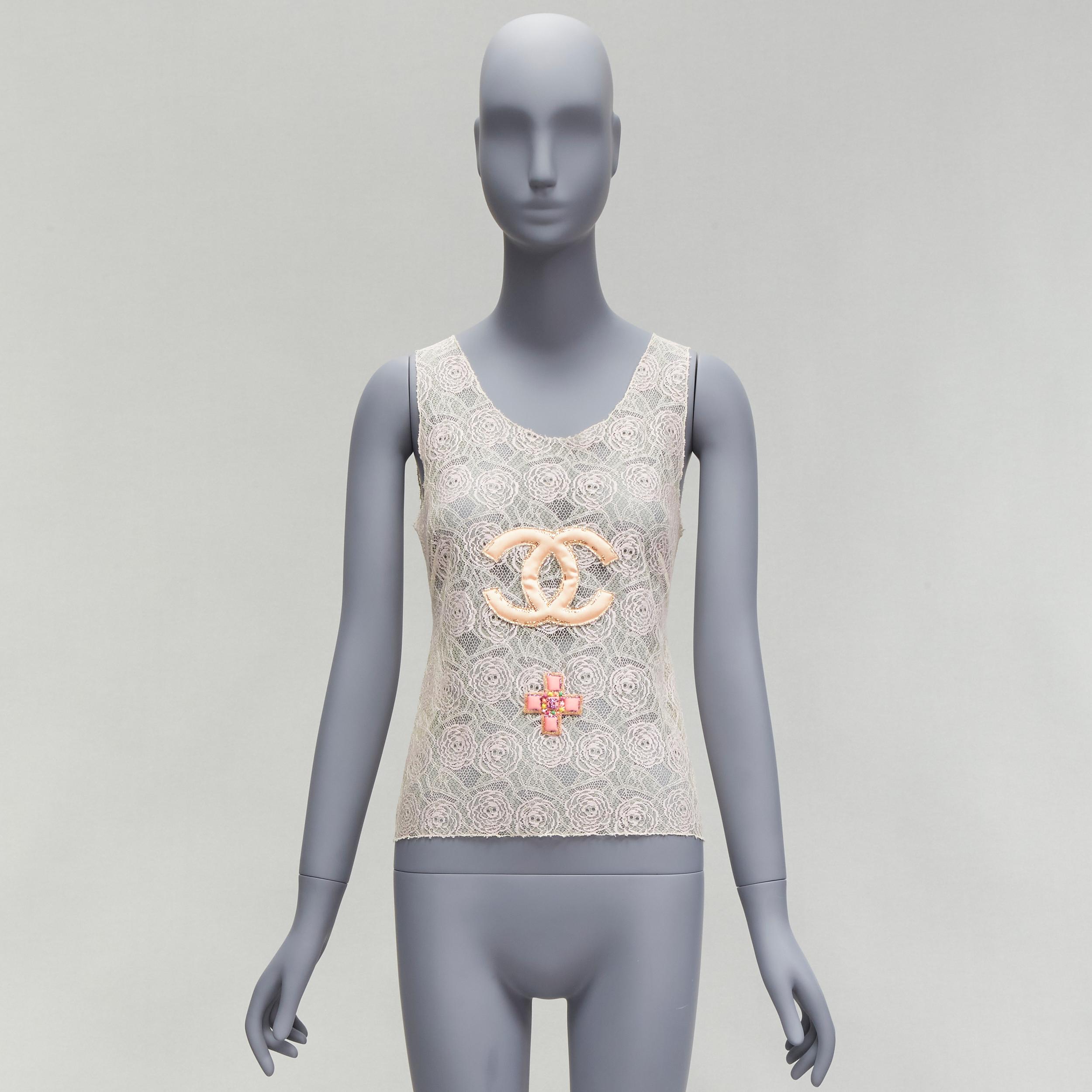 CHANEL 04C Vintage CC Byzantine Gripoix glitter applique Camellia lace top FR38 5