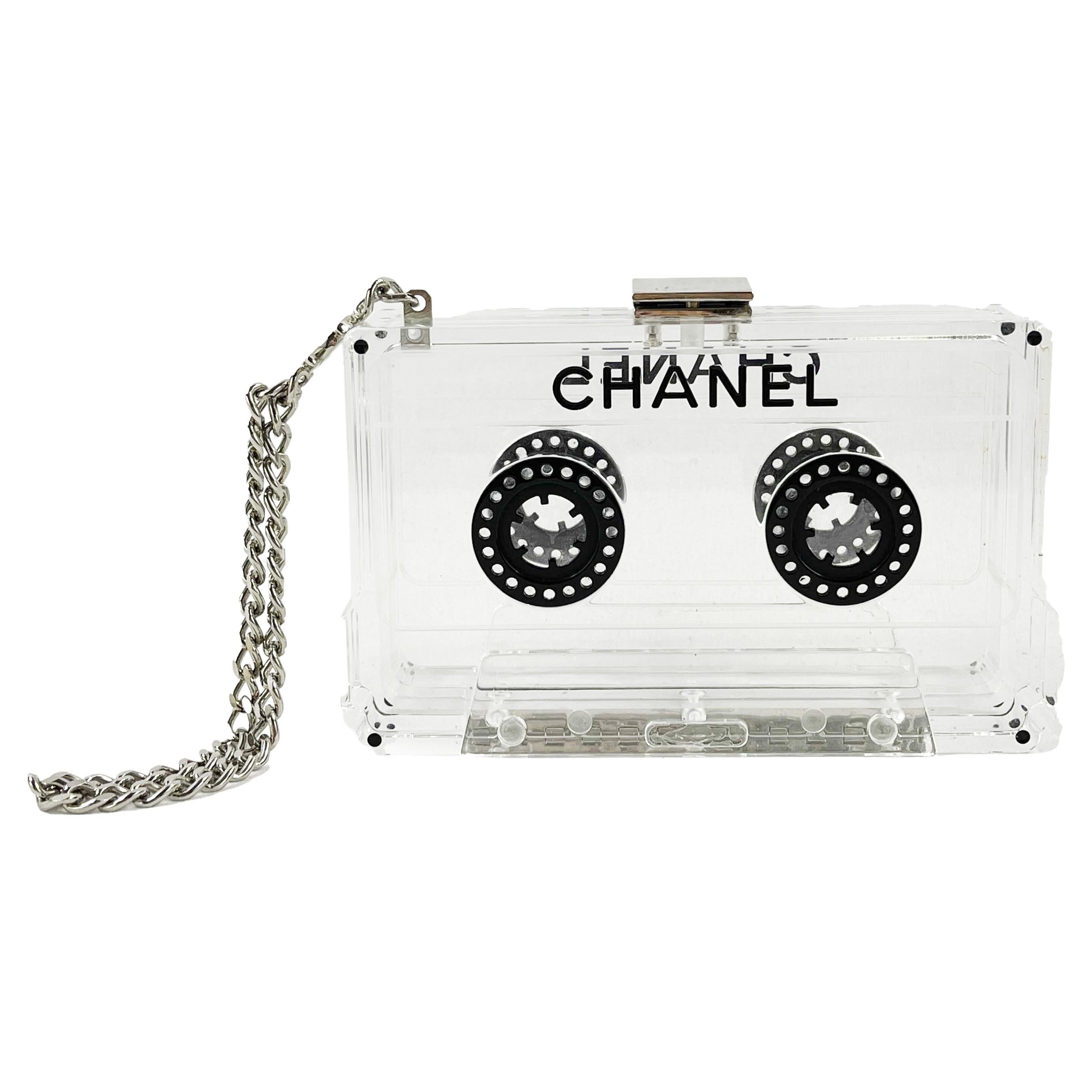 CHANEL - 04P Acrylic Cassette Player Clutch Clear Wristlet CC Rare Minaudiere