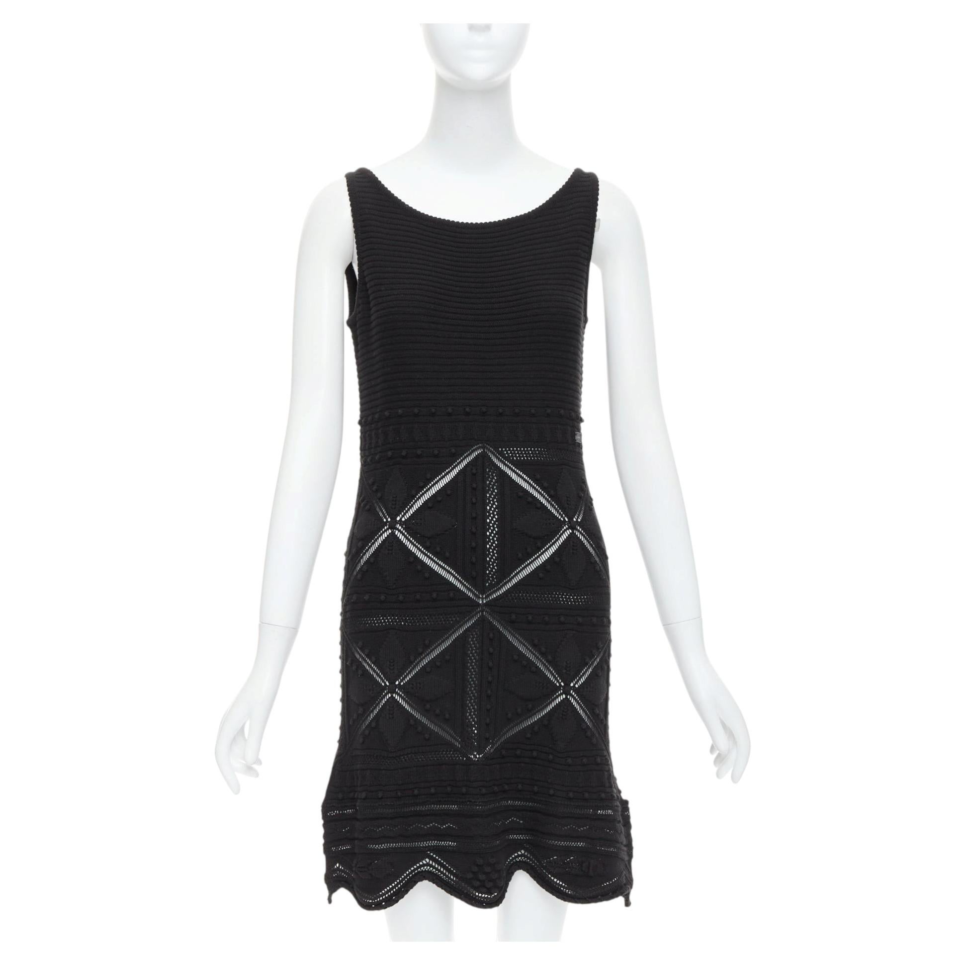 CHANEL 04P black cotton knitted pointelle floral sheer knee dress FR38 M