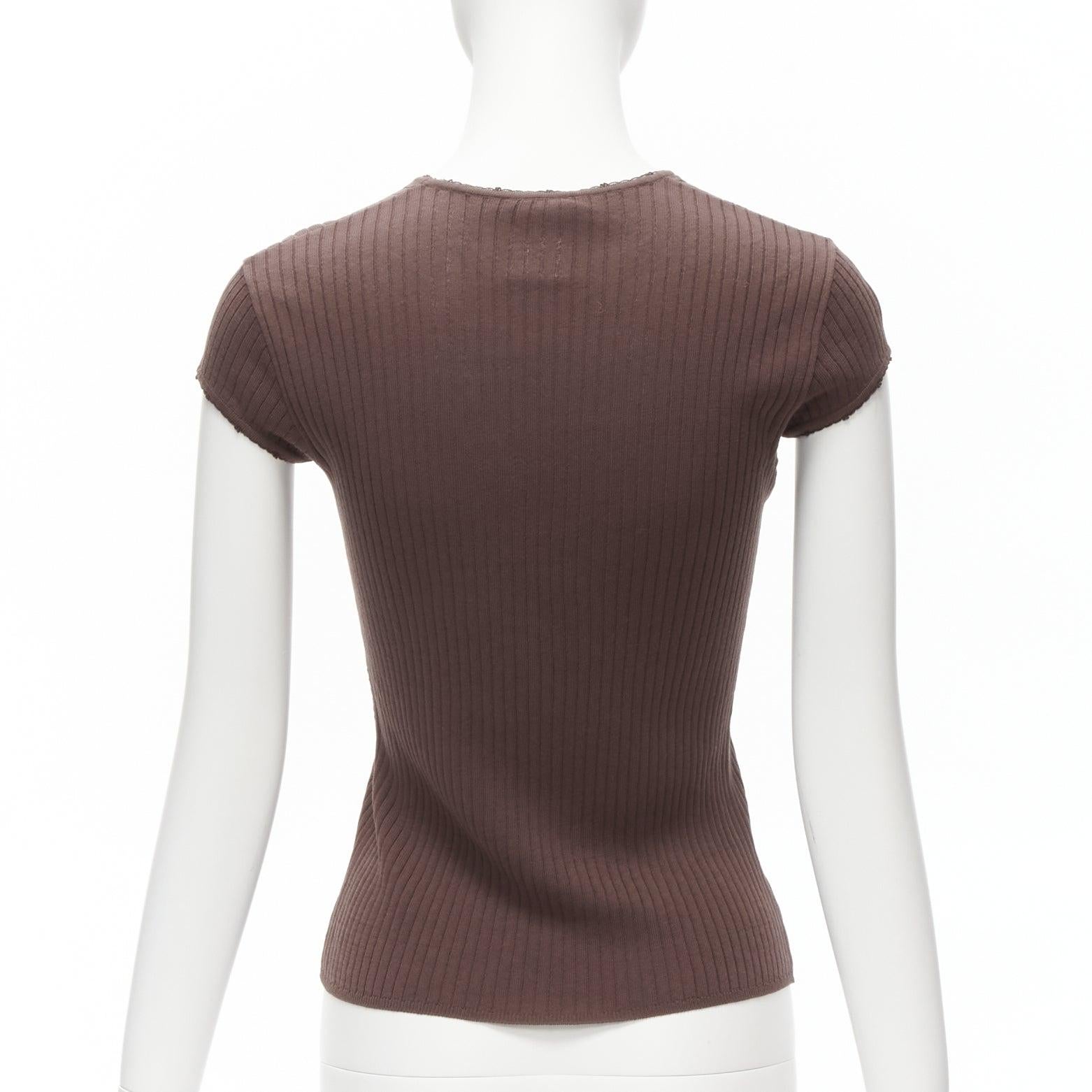 CHANEL 04P brown cotton CC logo lattice ribbed short sleeve knitted top FR40 L 1