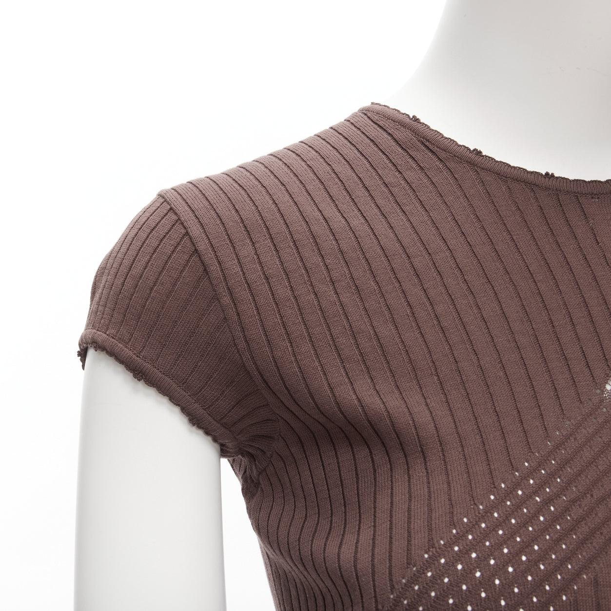 CHANEL 04P brown cotton CC logo lattice ribbed short sleeve knitted top FR40 L 3