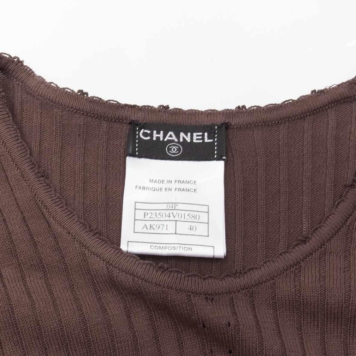 CHANEL 04P brown cotton CC logo lattice ribbed short sleeve knitted top FR40 L 4