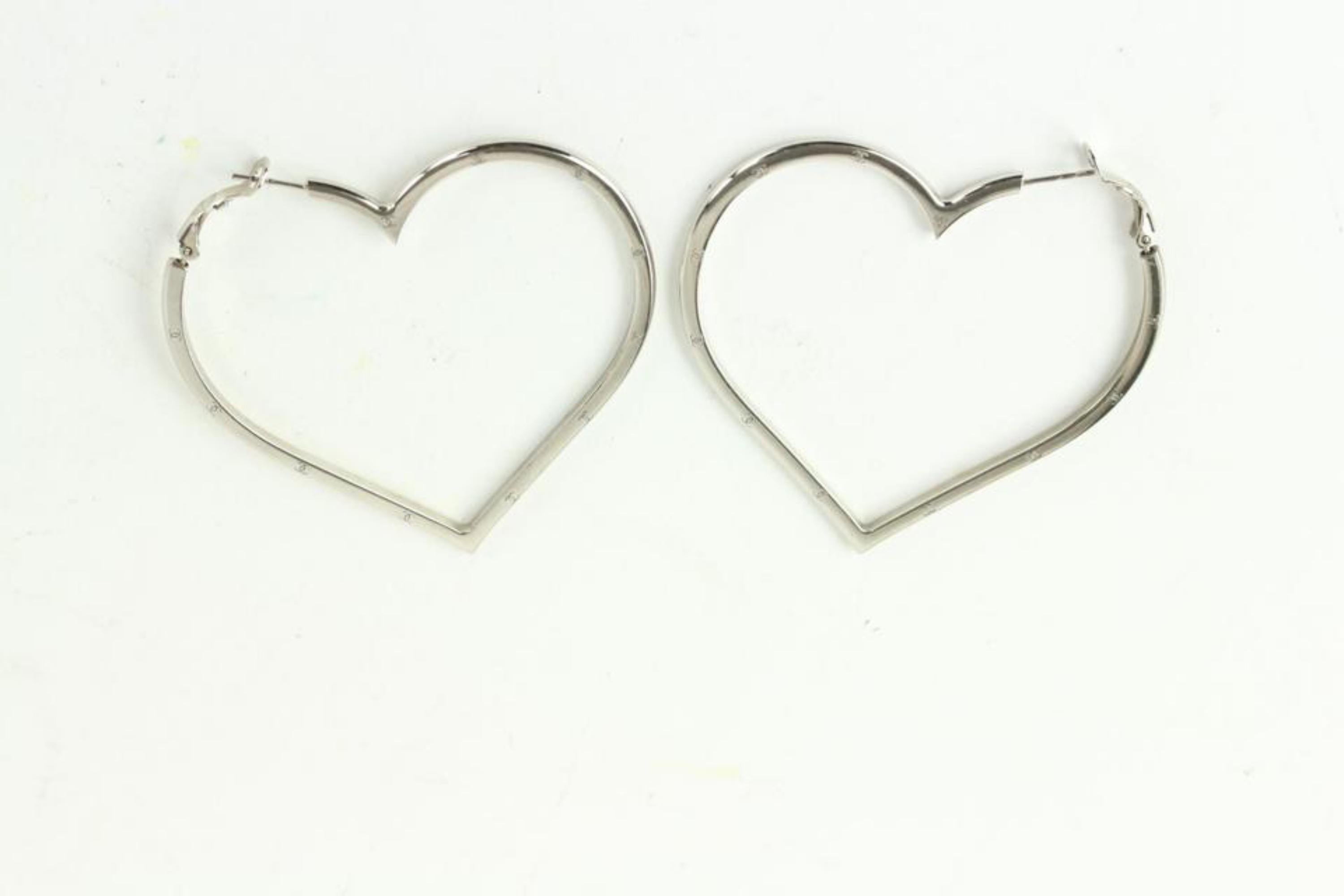 Women's Chanel 04P CC Heart Hoop Earrings Silver Pierce Pierced Hoops 101c9