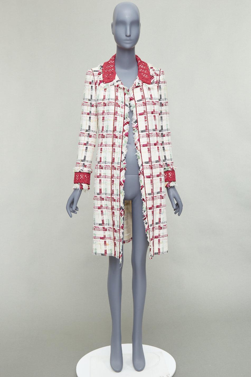 CHANEL 04P Runway beige red crochet CC check tweed long coat FR38 M 5