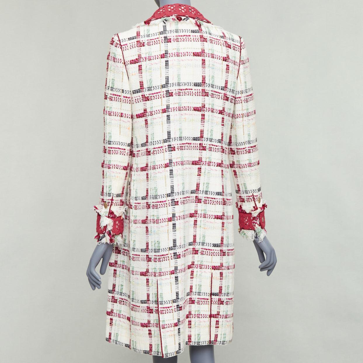 Women's CHANEL 04P Runway beige red crochet CC check tweed long coat FR38 M