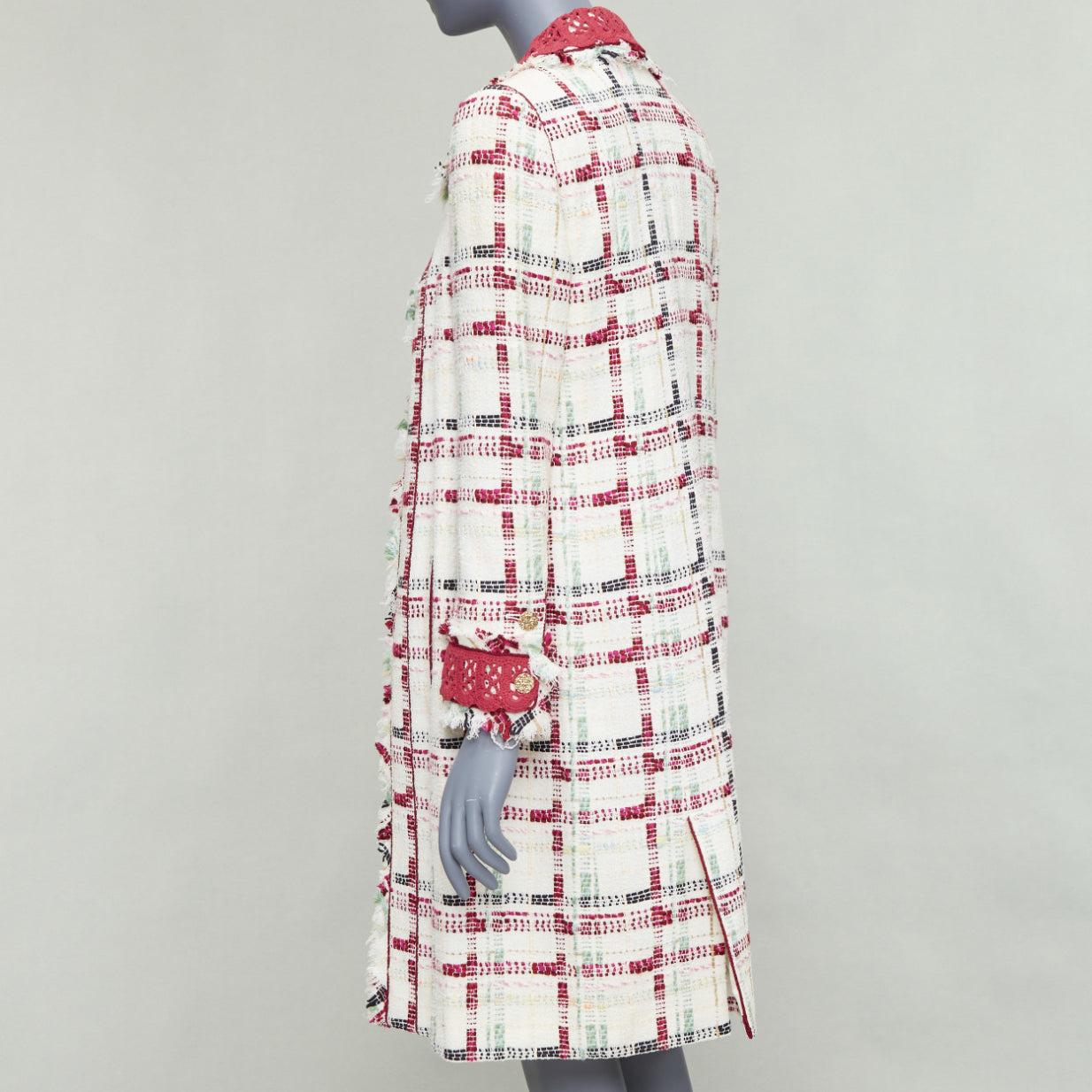 CHANEL 04P Runway beige red crochet CC check tweed long coat FR38 M 1