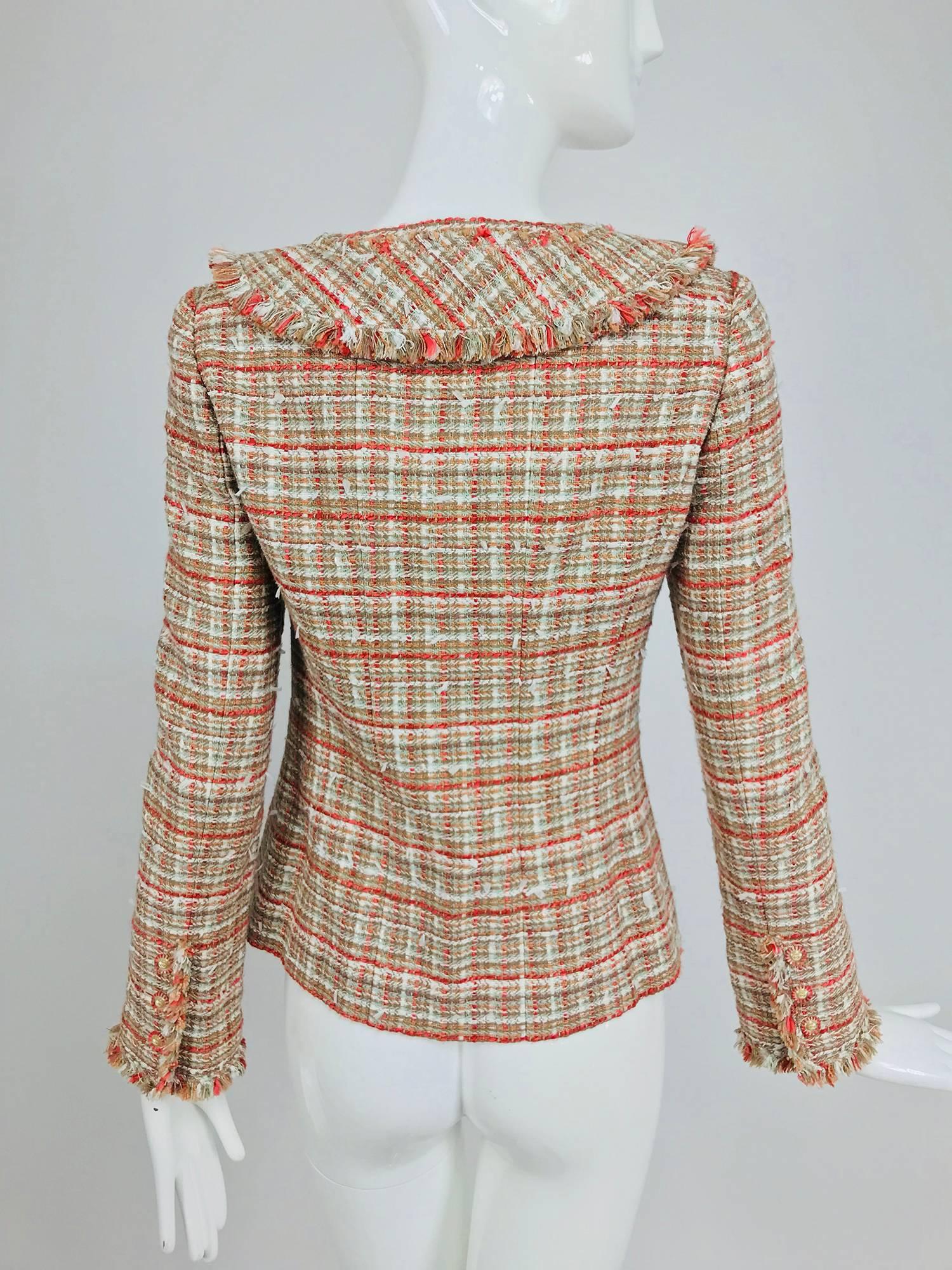 Brown Chanel 04P tweed fringe four pocket jacket with yoke collar