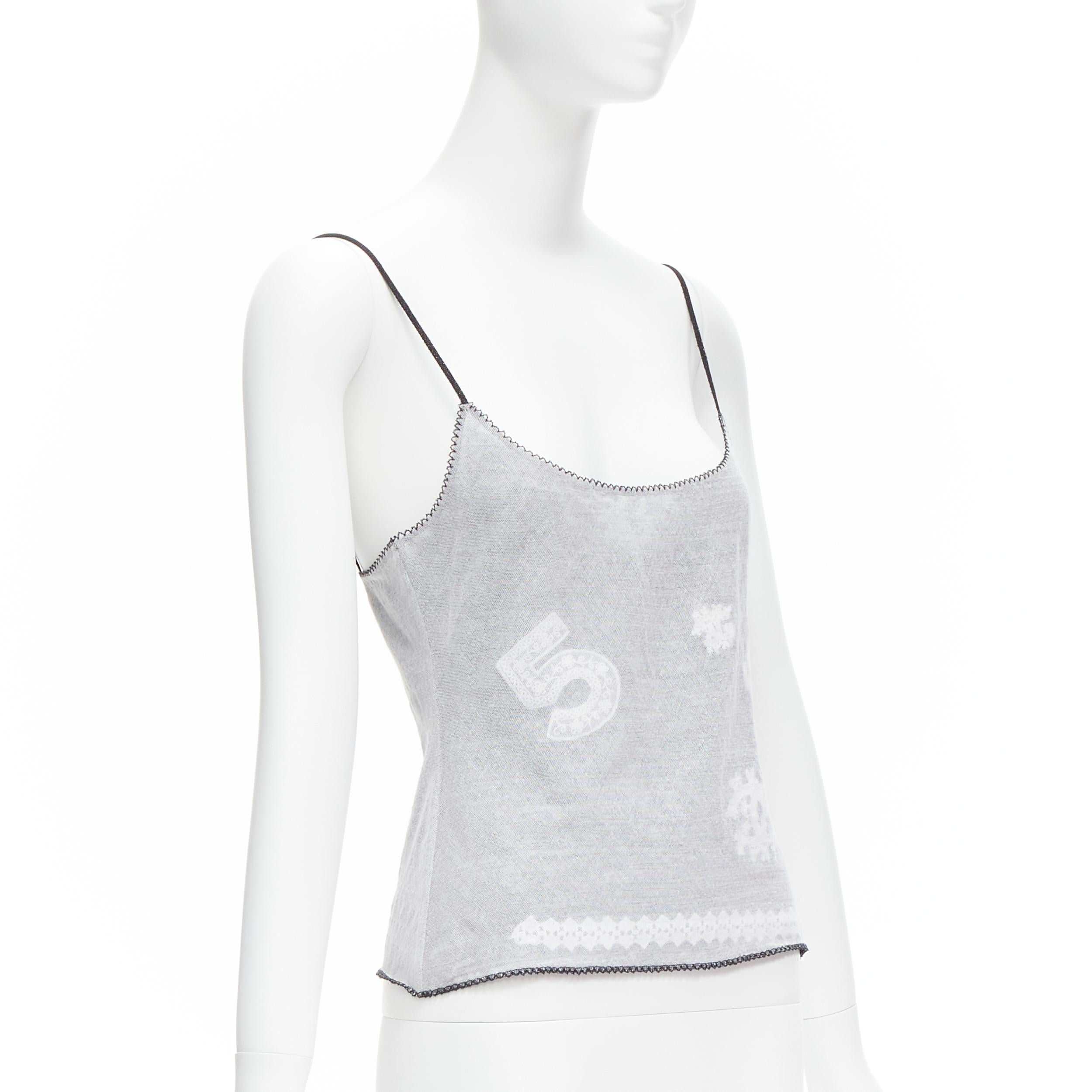 Grigio CHANEL 04P Vintage No.5 CC canottiera cami bianca trasparente con finiture nere FR40 L in vendita