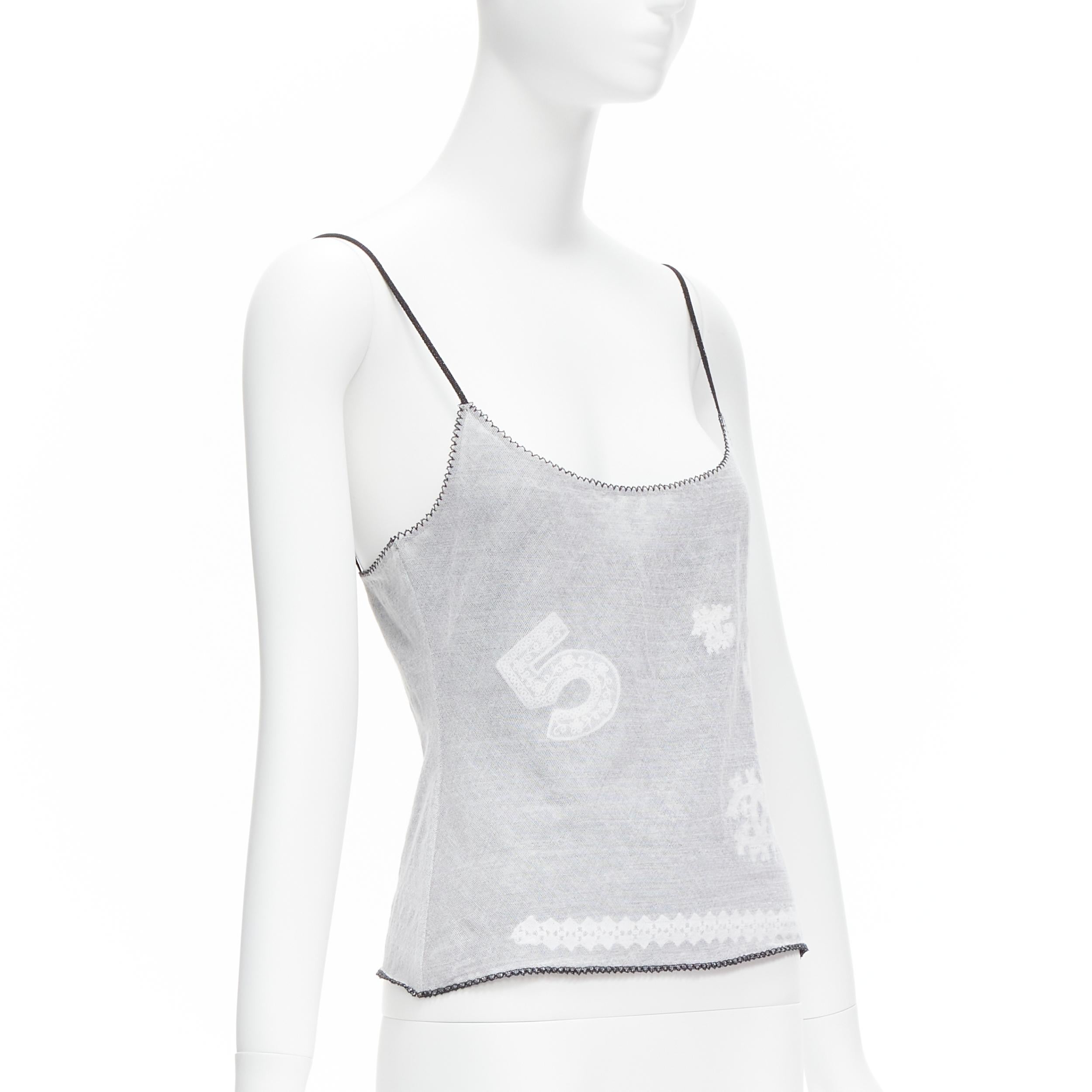 Gray CHANEL 04P Vintage No.5 CC white sheer overlay black trim cami tank top FR40 L For Sale