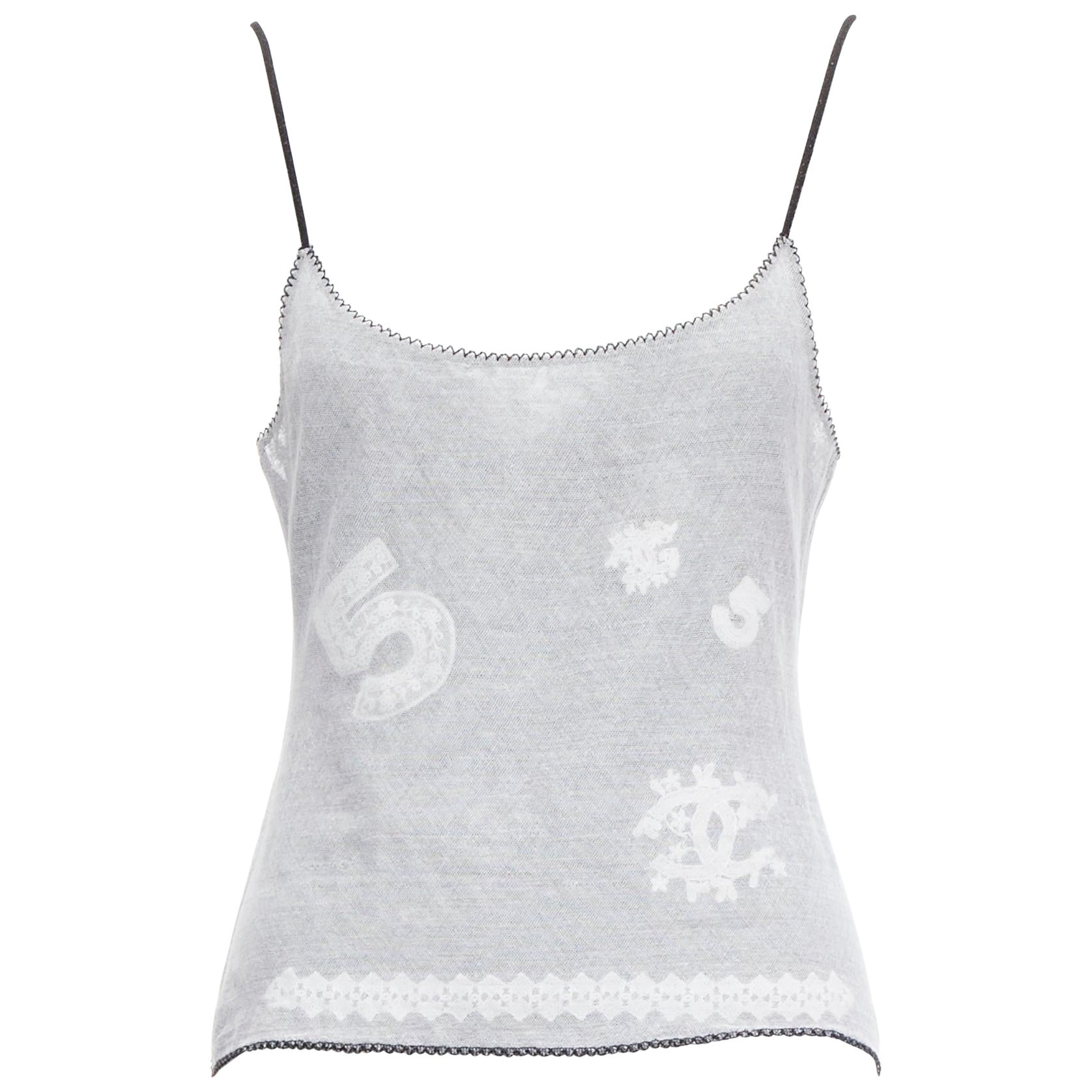 CHANEL 04P Vintage No.5 CC white sheer overlay black trim cami tank top FR40 L