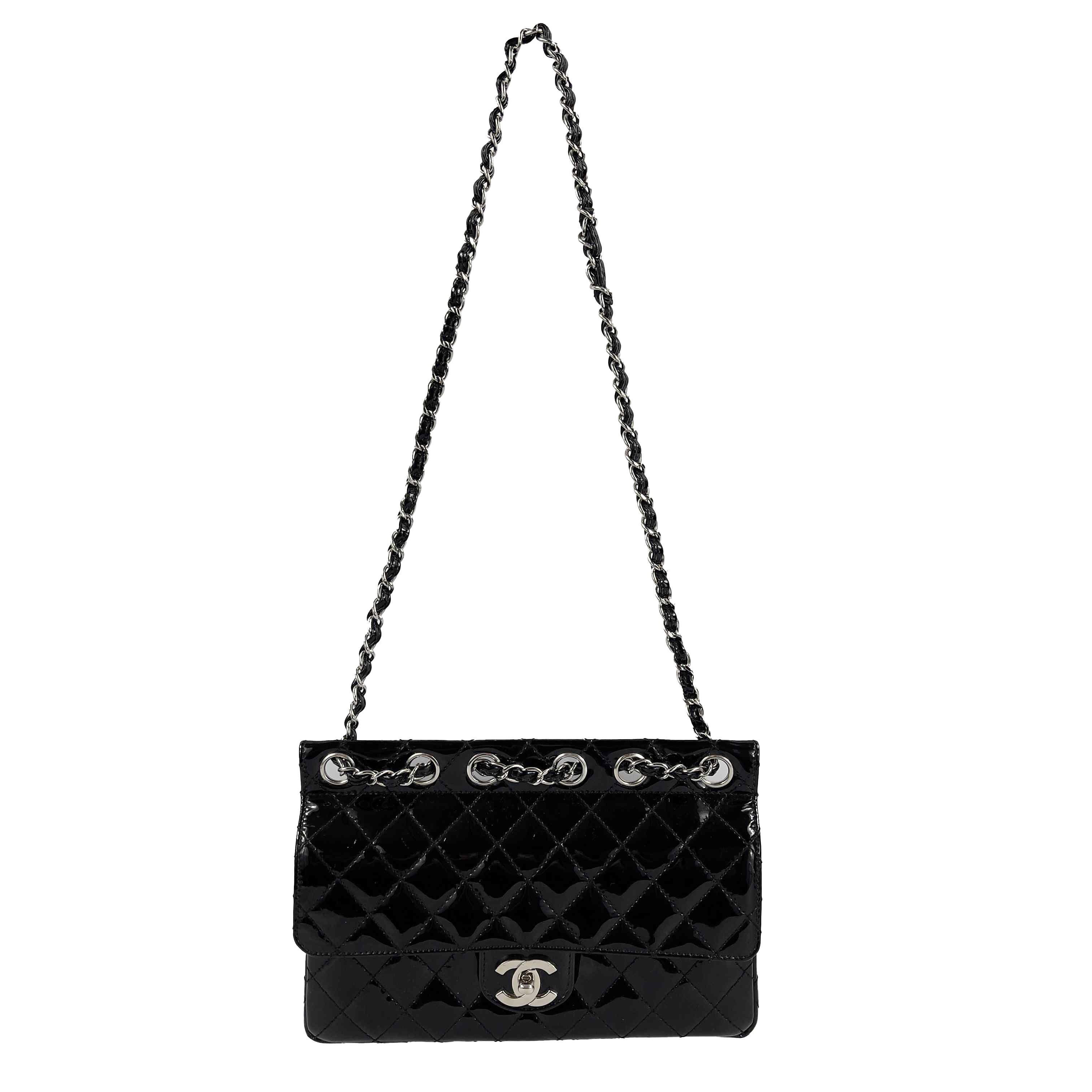 CHANEL 05 Patent Chain Through Flap Bag Quilted - Black / Silver-tone Crossbody 5