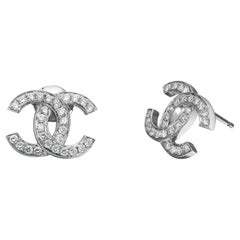 Chanel 0.56cttw Double C Diamond Stud Earrings 18k White Gold