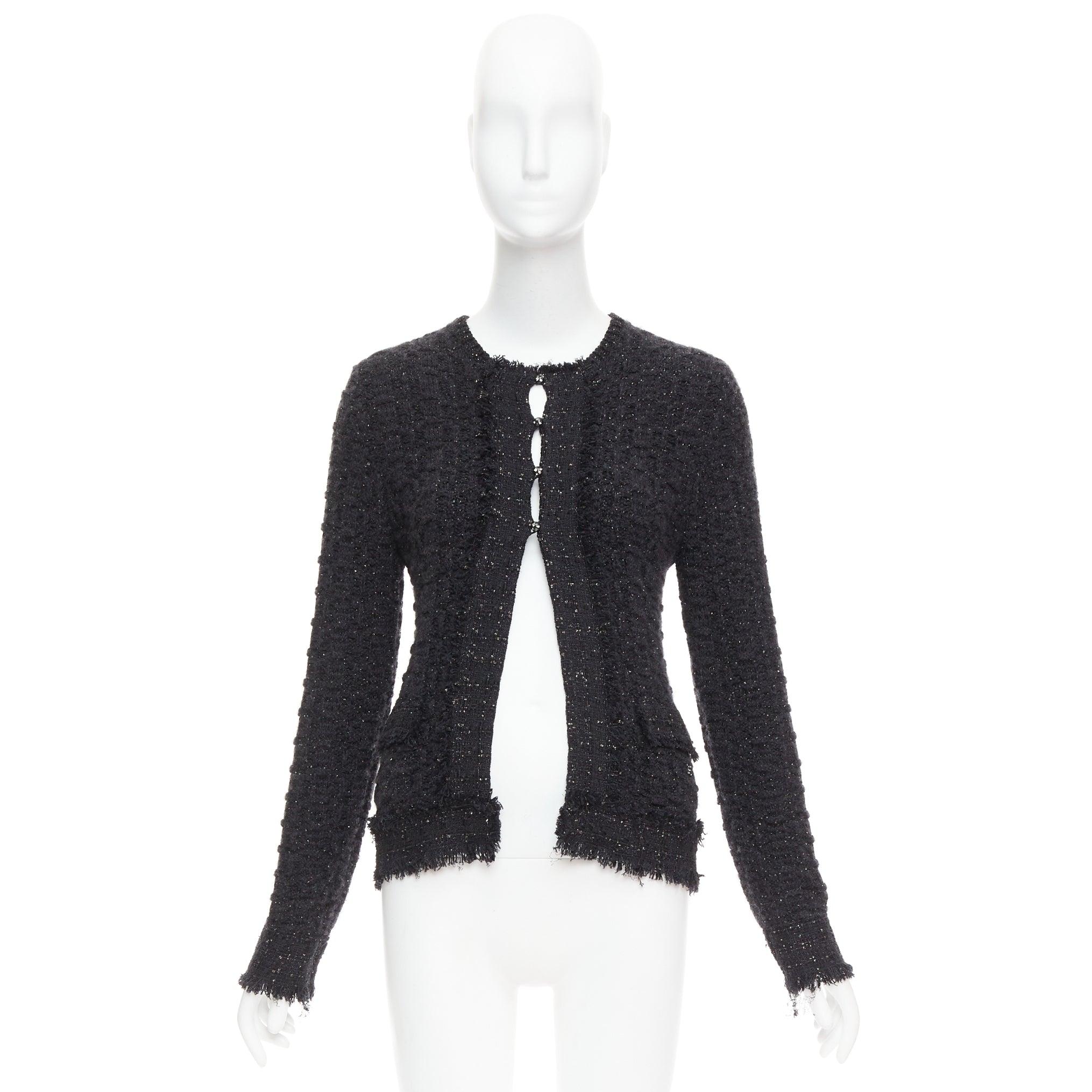 Chanel 05A giacca cardigan in tweed nero metallizzato argento logo CC FR38 M in vendita 5