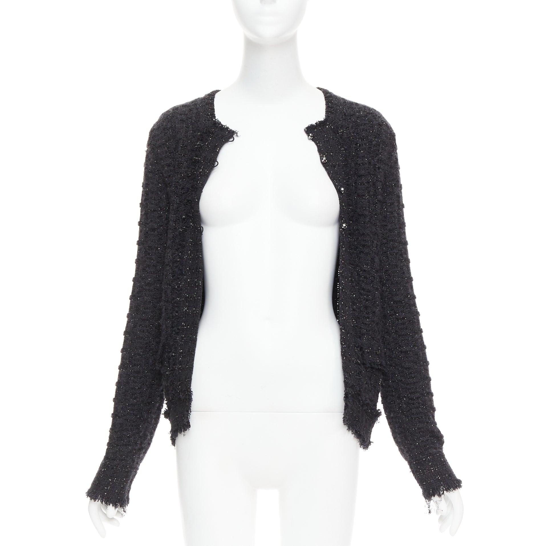 Nero Chanel 05A giacca cardigan in tweed nero metallizzato argento logo CC FR38 M in vendita