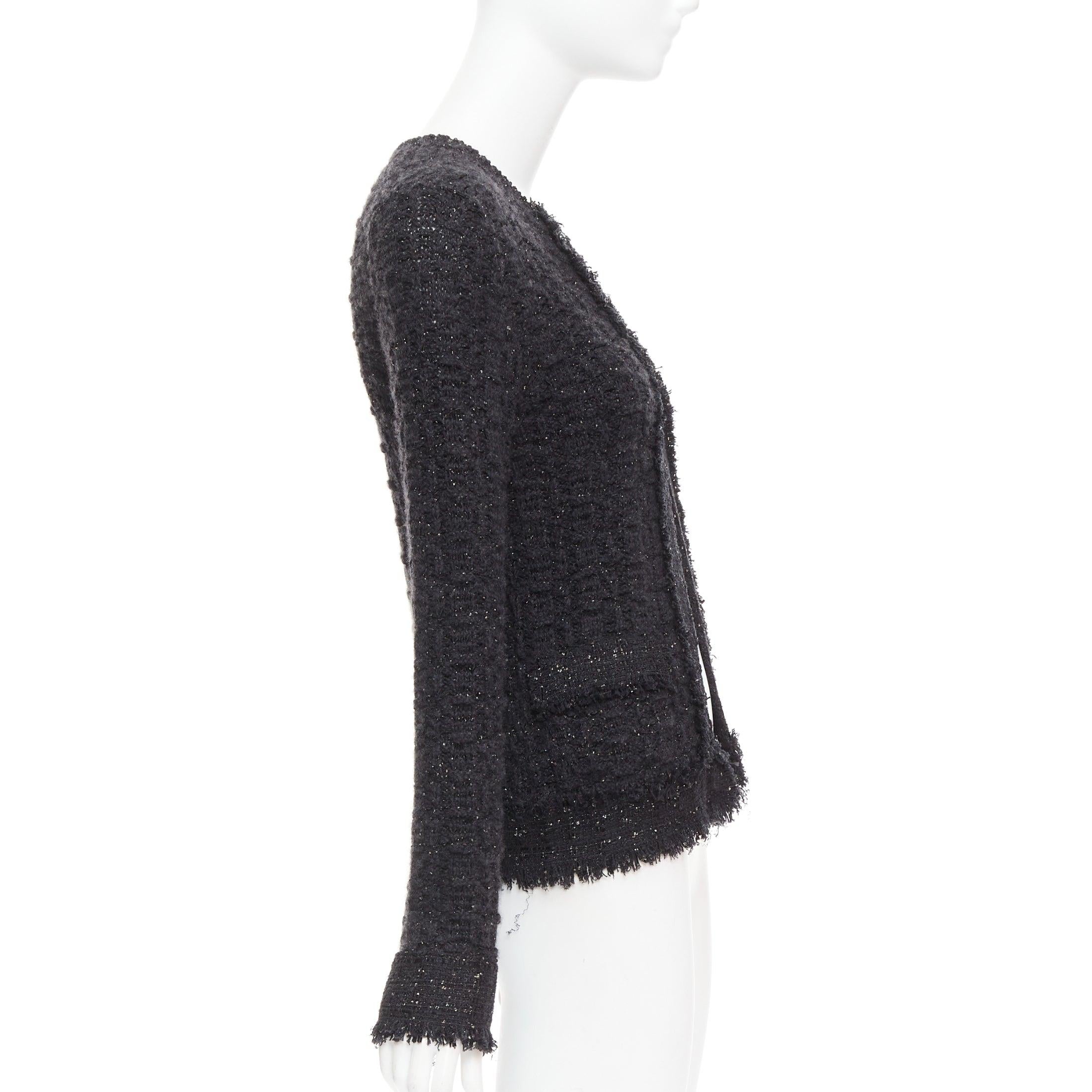 Donna Chanel 05A giacca cardigan in tweed nero metallizzato argento logo CC FR38 M in vendita