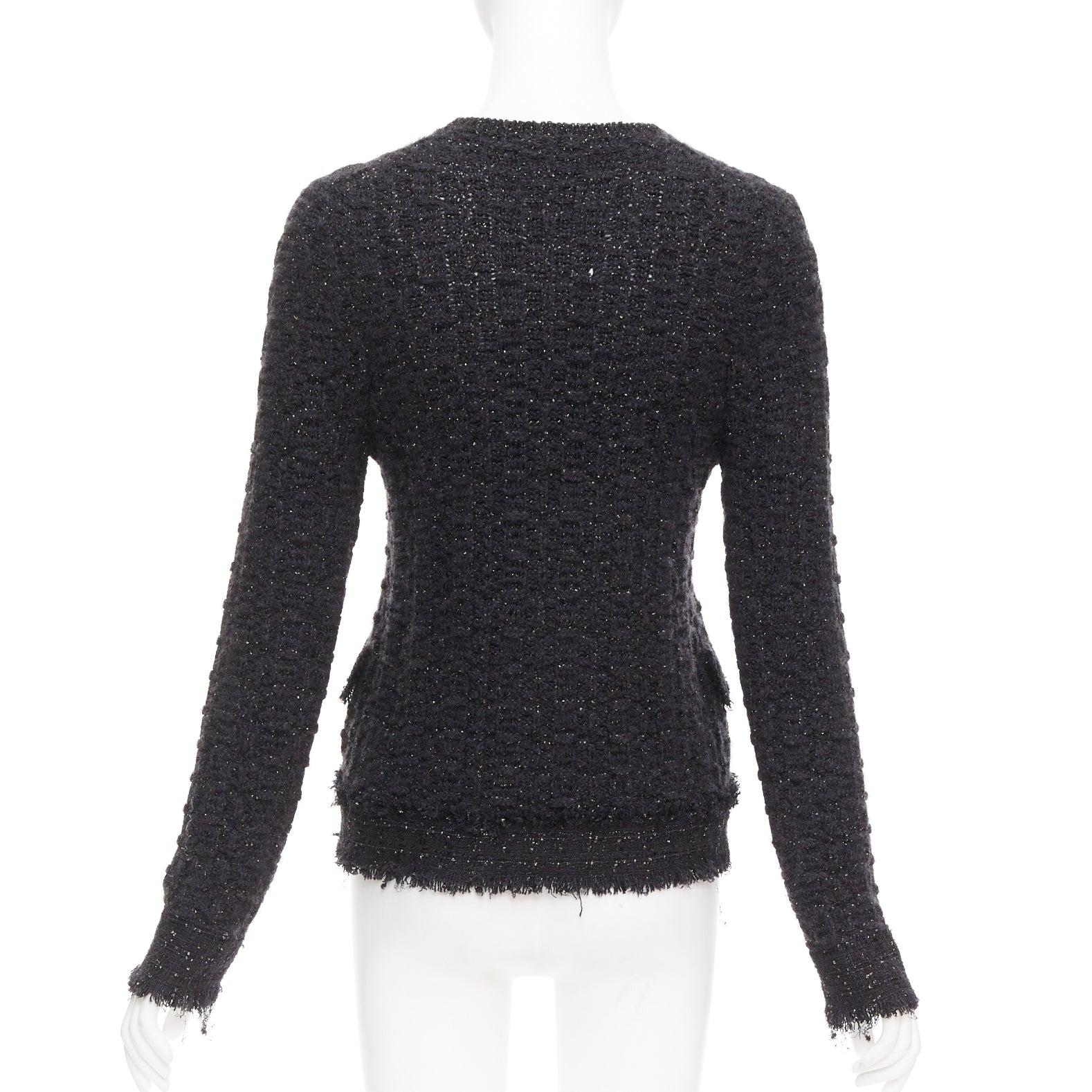 Chanel 05A giacca cardigan in tweed nero metallizzato argento logo CC FR38 M in vendita 1