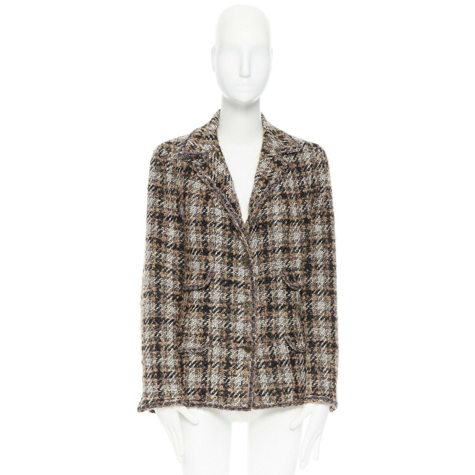 Beige CHANEL 05A brown khaki check boucle tweed 4 pocket prince of wales jacket FR42