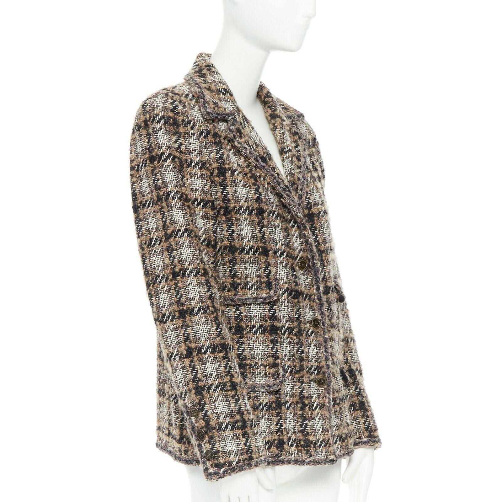 CHANEL 05A brown khaki check boucle tweed 4 pocket prince of wales jacket FR42 In Good Condition In Hong Kong, NT