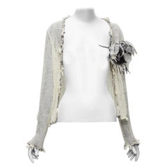 CHANEL 05C 100% cashmere logo knit tweed Camellia brooch cardigan FR38 M