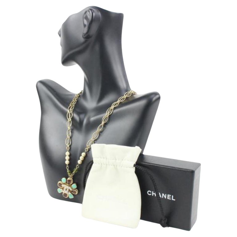 CHANEL+Classic+5+CC+Double+Sided+Crystal+PEARL+Necklace+Silver+