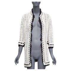 CHANEL 05P Runway cream crochet knit black silk trim cardigan coat FR38 M