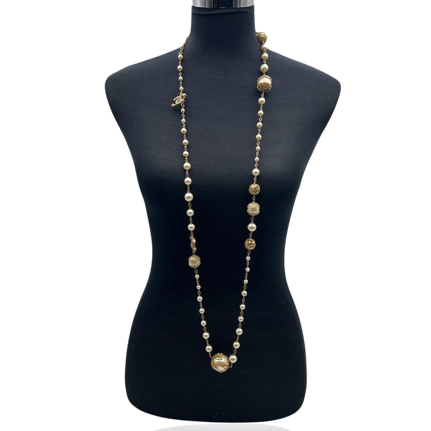Gray Chanel 06 Faux Pearls Gold Metal CC Logo Long Necklace For Sale