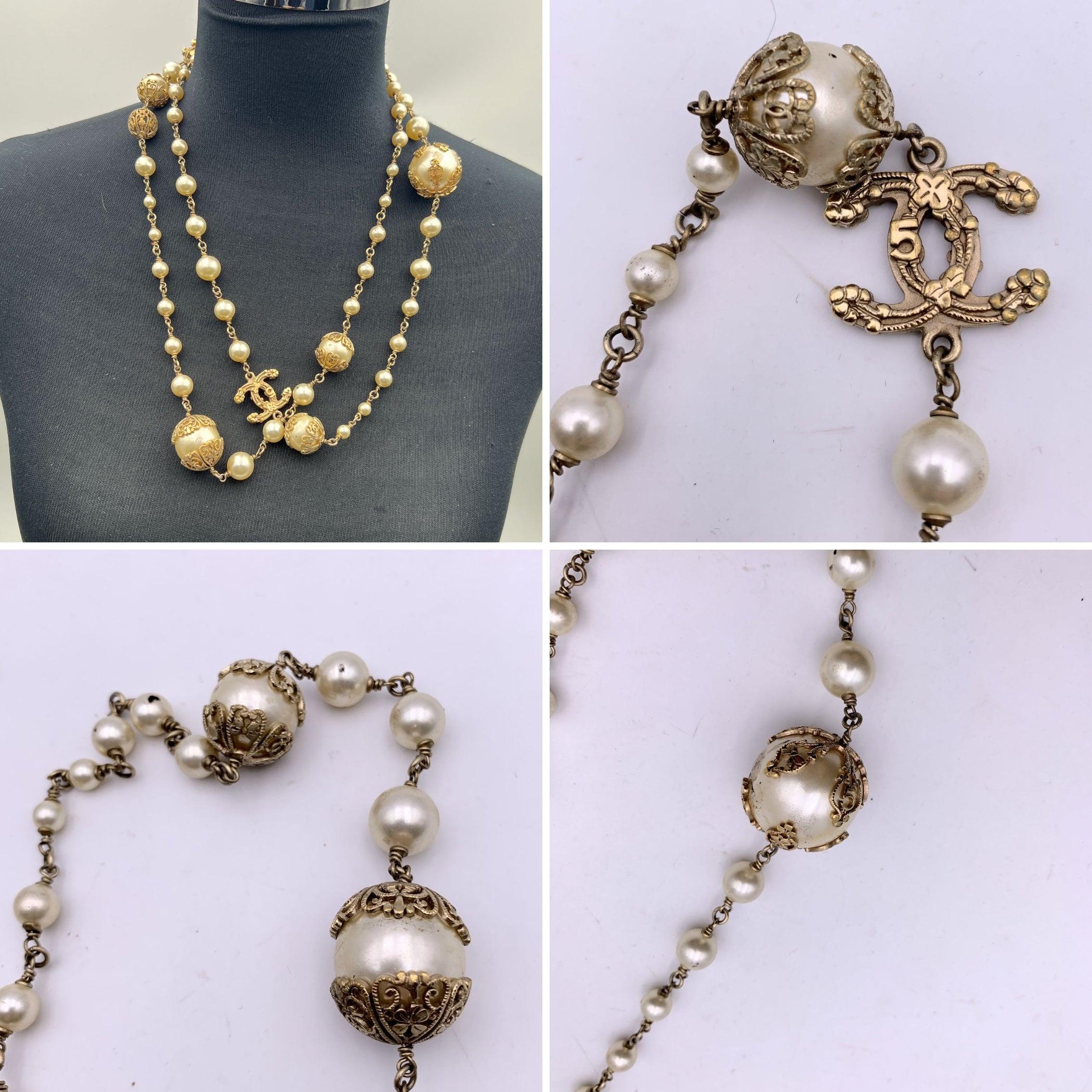 Women's Chanel 06 Faux Pearls Gold Metal CC Logo Long Necklace For Sale