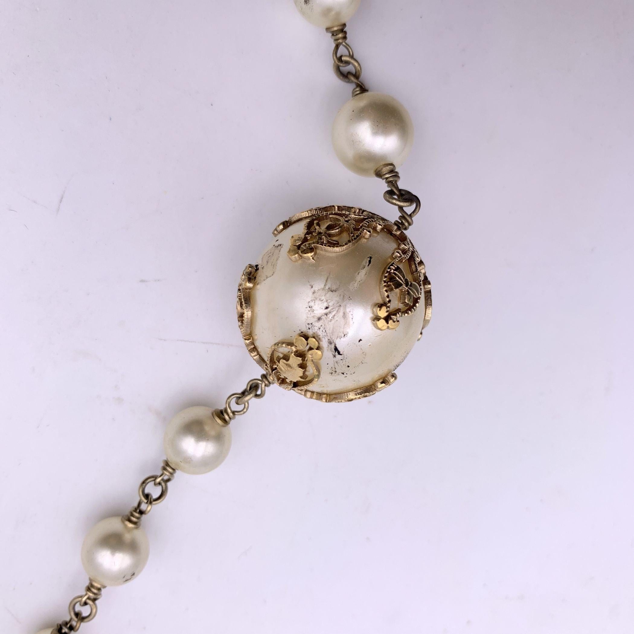 Chanel 06 Faux Pearls Gold Metal CC Logo Long Necklace For Sale 3
