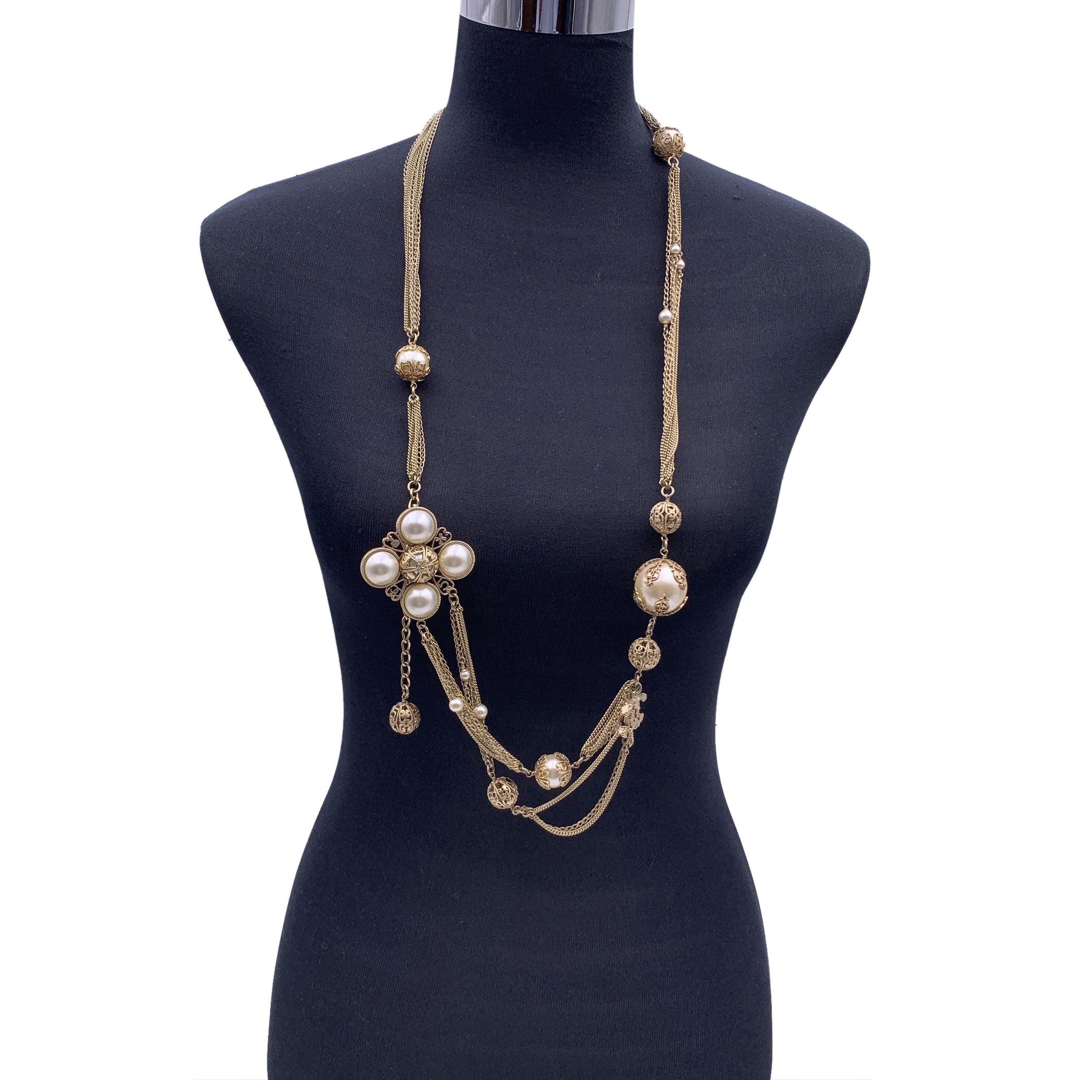 Brown Chanel 06 Rare Faux Pearls Gold Metal Multi Chain Necklace or Belt For Sale