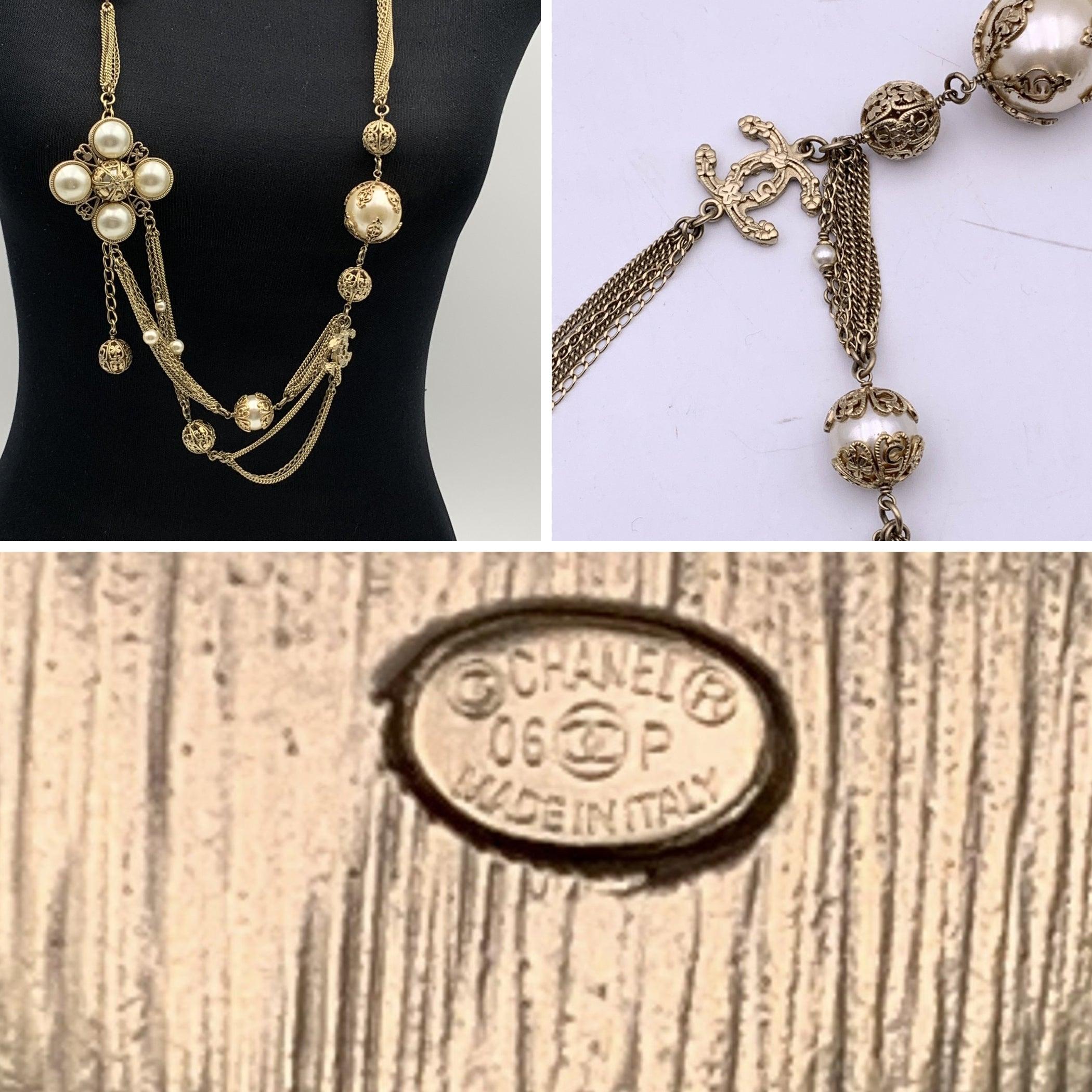Women's Chanel 06 Rare Faux Pearls Gold Metal Multi Chain Necklace or Belt For Sale