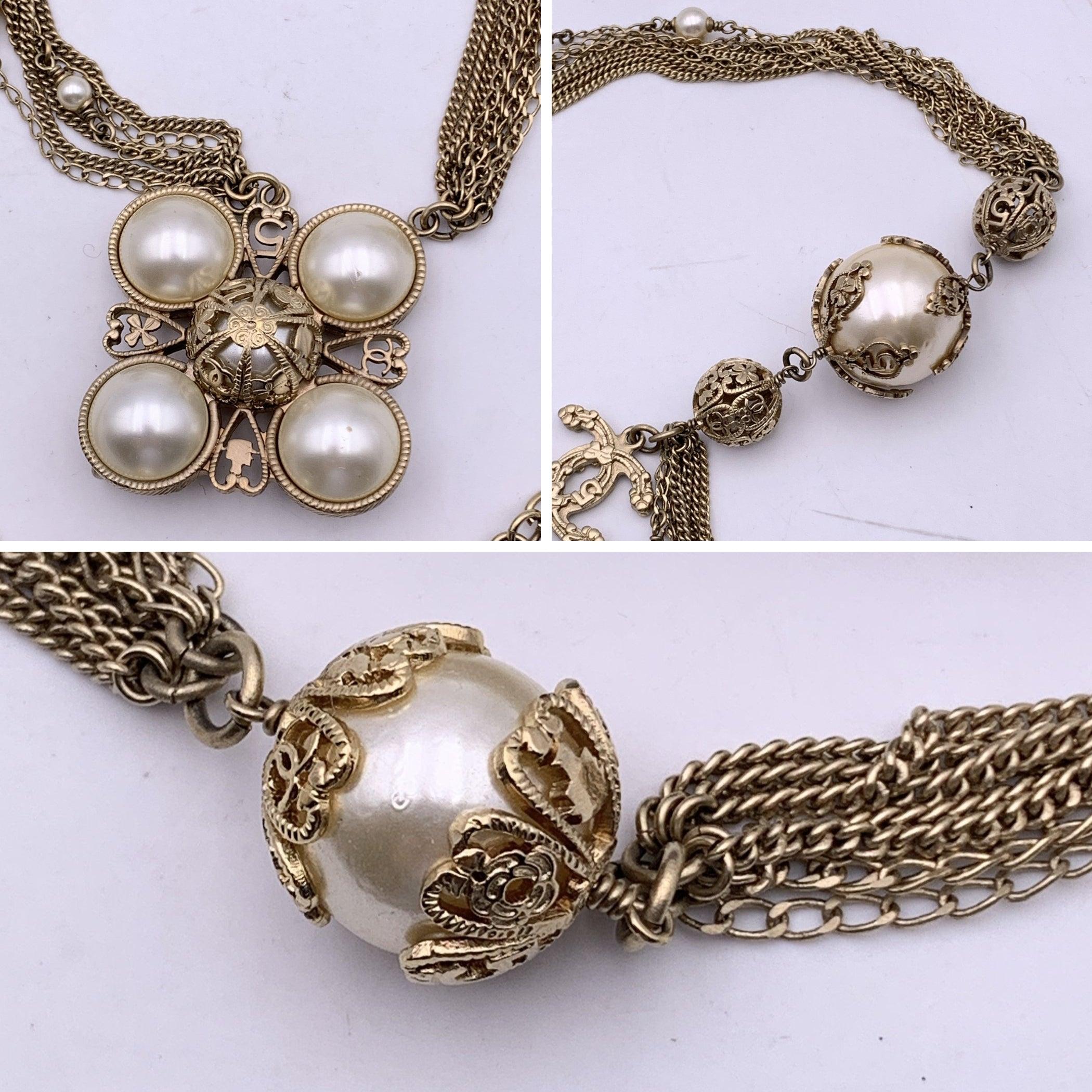 Chanel 06 Rare Faux Pearls Gold Metal Multi Chain Necklace or Belt For Sale 1