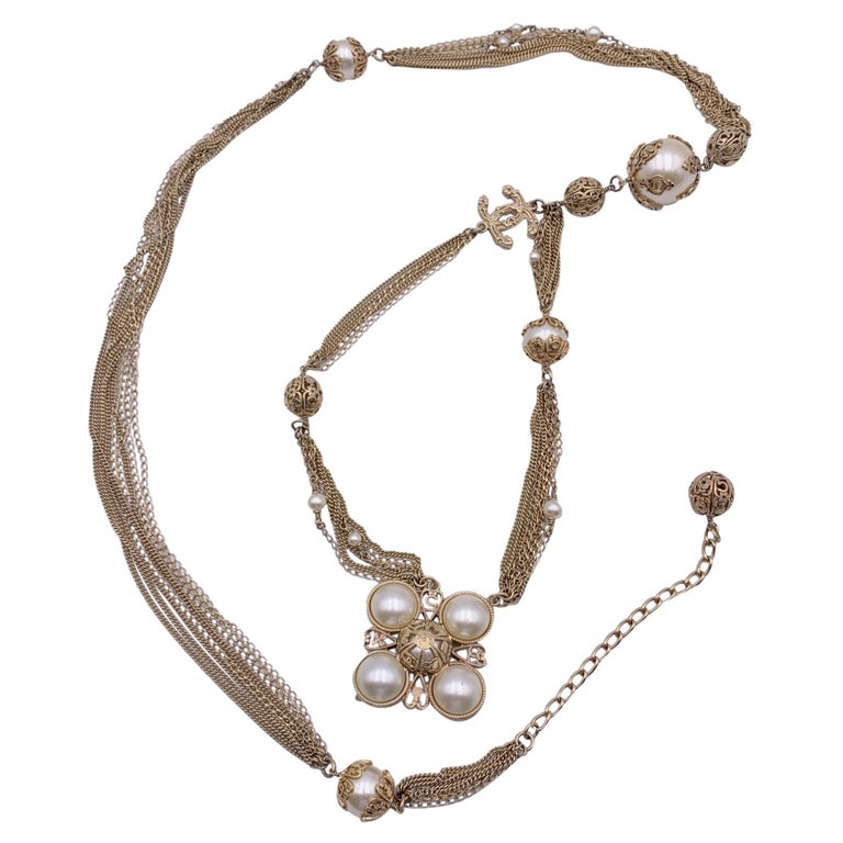 Chanel 06 Rare Faux Pearls Gold Metal Multi Chain Necklace or Belt 