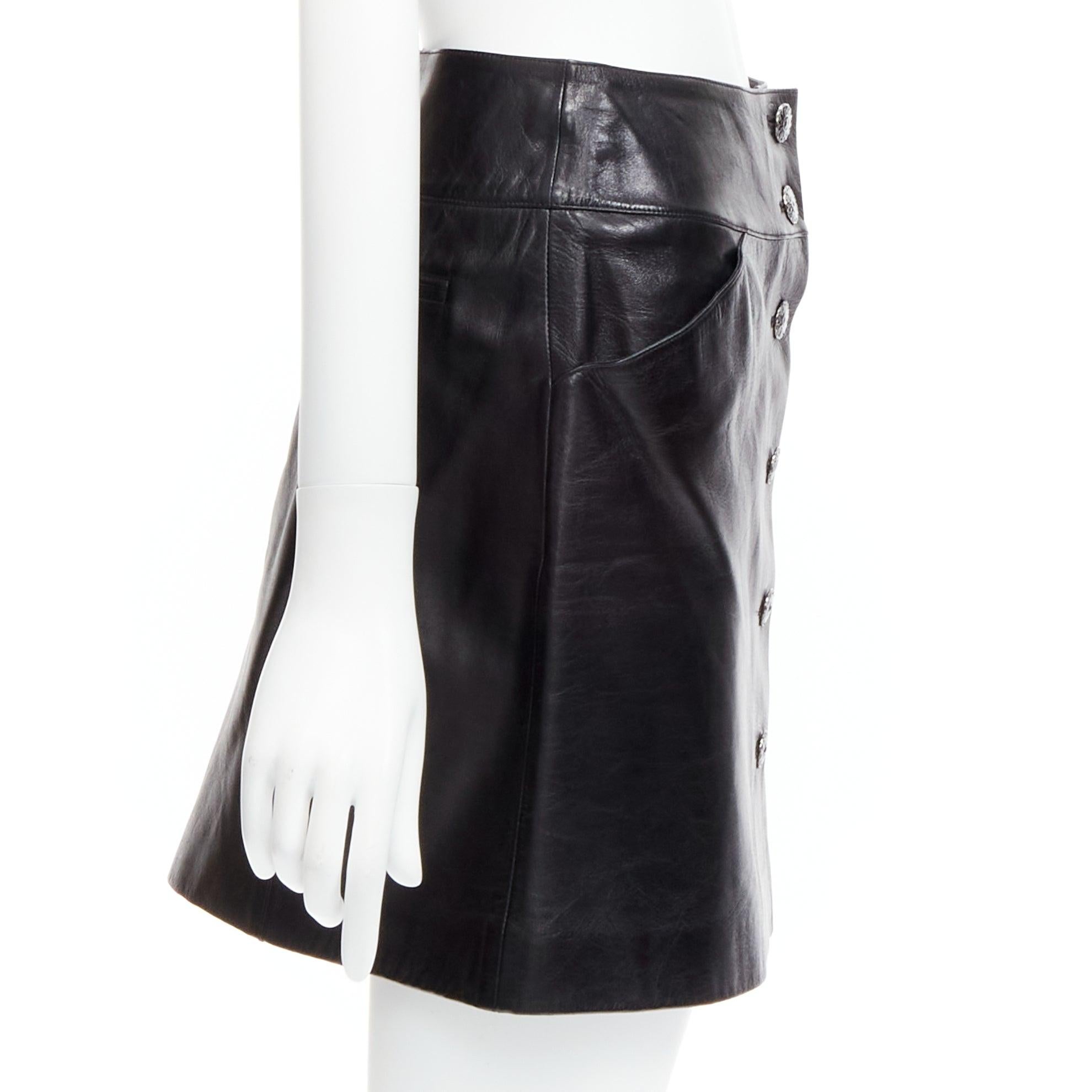 Women's CHANEL 06A black lambskin leather CC logo button A-line mini skirt FR34 XS
